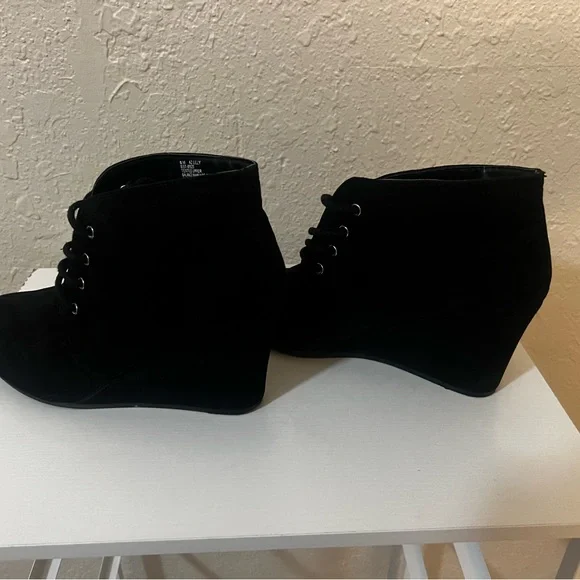 Black Suede Ankle Booties with Wedge Heel - Picture 5 of 8